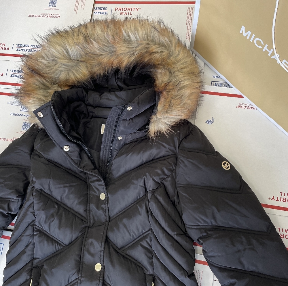 NWT Michael Kors Black MK Mid-Length Fur Puffer Jacket  Designer Coat XL - Picture 1 of 11